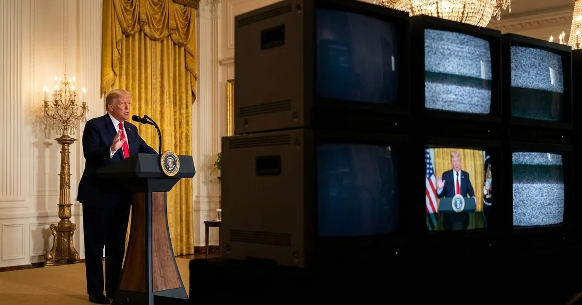 Donald Trump speaking at an East Room lectern while a bank of television monitors in the foreground shows mostly static, with only one screen carrying his live feed