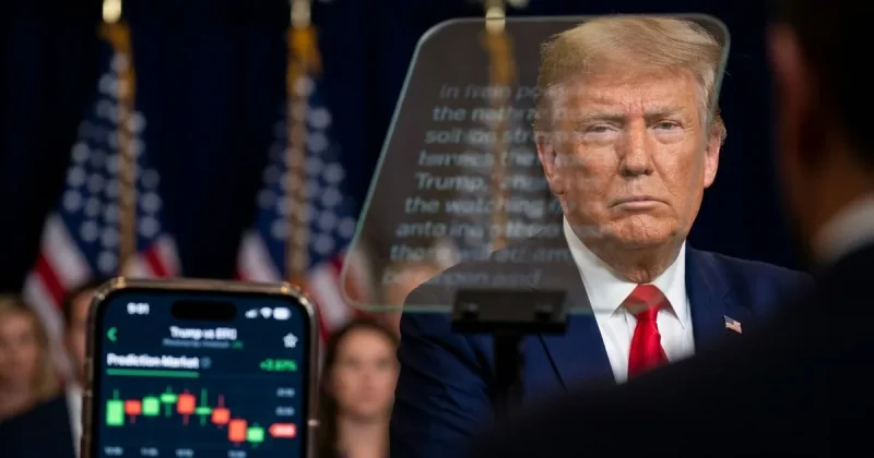 Donald Trump seen through a teleprompter glass panel mid-speech, with a smartphone showing a prediction-market trading chart in the foreground