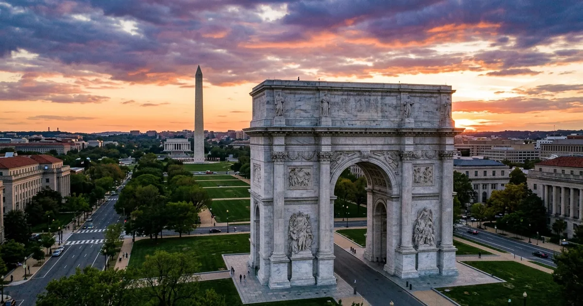 Architectural rendering of a massive white stone triumphal arch on the National Mall in Washington DC at sunset with the Washington Monument visible behind it