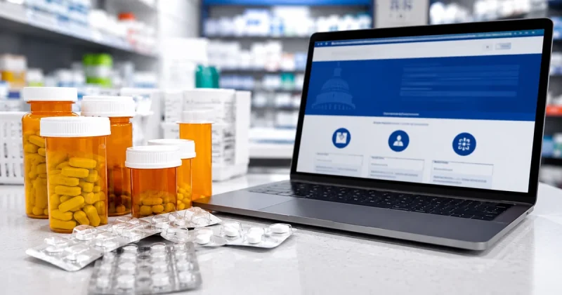 Prescription pill bottles and medication on a pharmacy counter with a laptop showing a government website