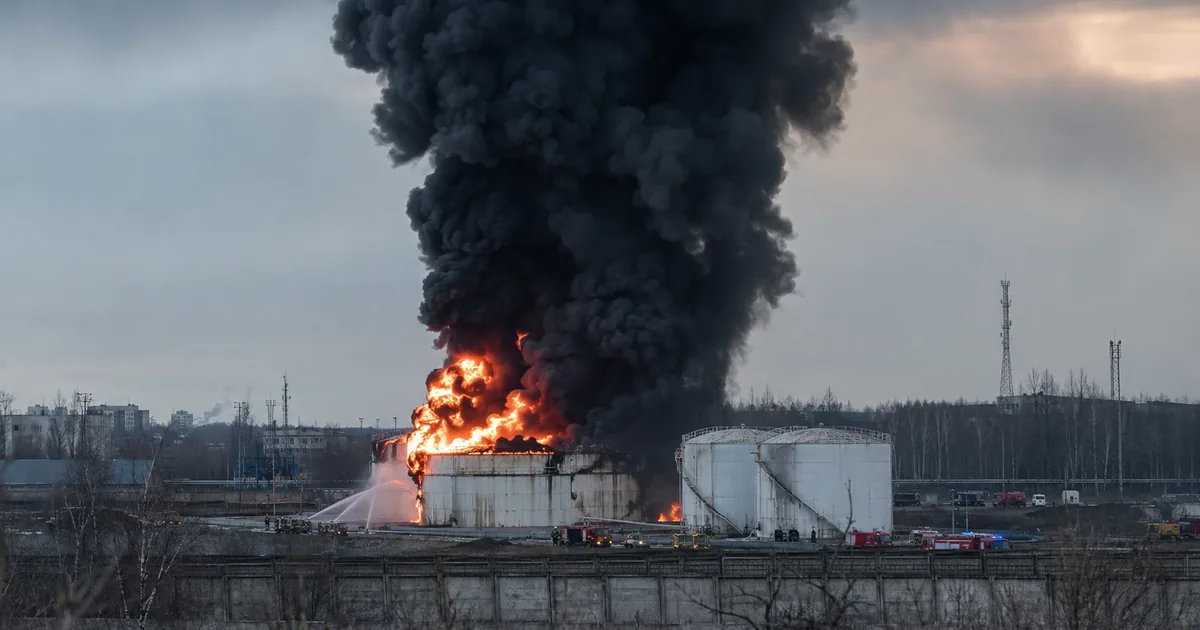 A ruptured white fuel storage tank burns at an industrial depot, sending a dense black smoke column into a grey dawn sky as firefighters spray water from the perimeter