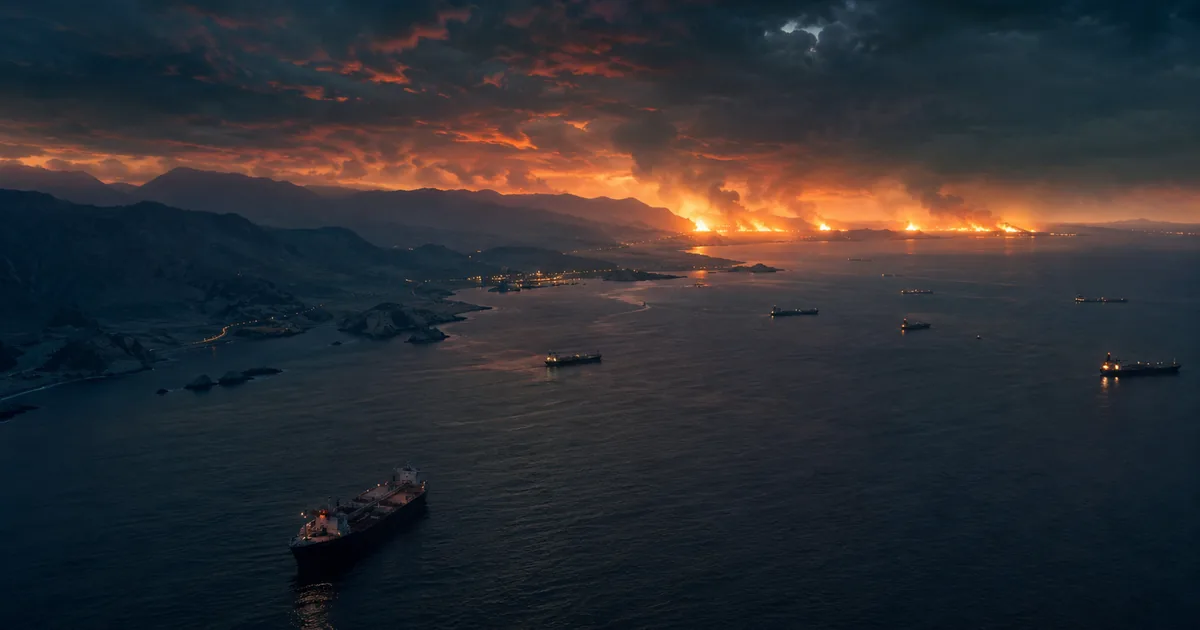 Aerial view of the Strait of Hormuz at dusk with oil tankers on dark waters and distant orange glow on the Iranian coastline