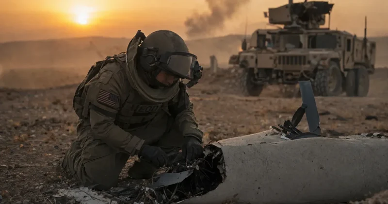 U.S. soldier in explosive ordnance disposal gear kneeling near debris from a downed Iranian drone in dusty northern Iraq terrain at sunset