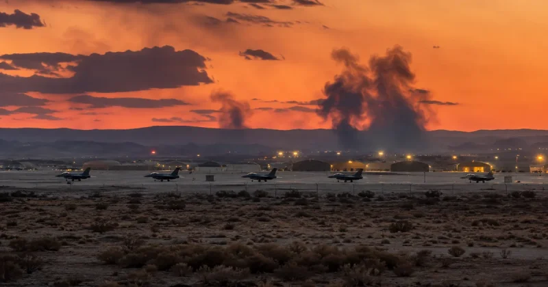 Smoke rising from Muwaffaq Salti Air Base in Jordan at dusk with US military fighter jets on the tarmac