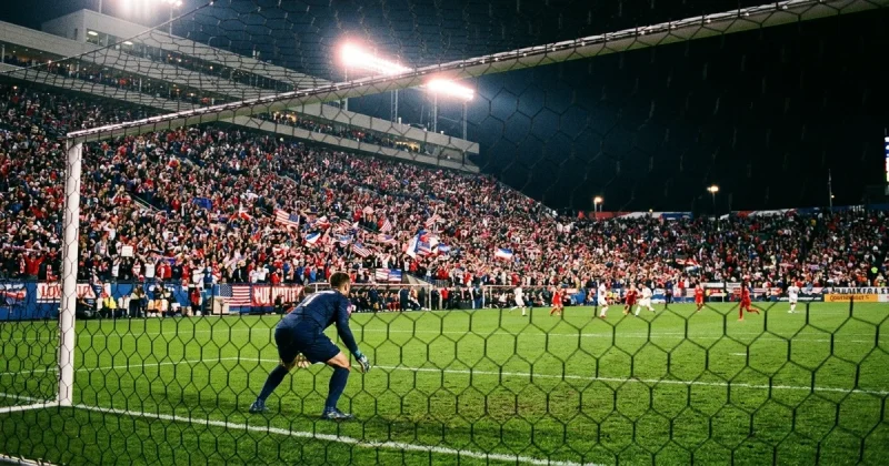 Packed soccer stadium at night with American fans waving flags behind the goal net during a World Cup match