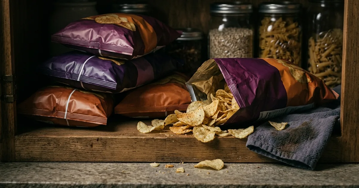 Bags of kettle-cooked potato chips on a dark pantry shelf, one tipped over with seasoned chips spilling onto the wood counter