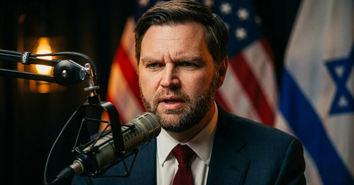 JD Vance speaking into a podcast microphone with American and Israeli flags behind him