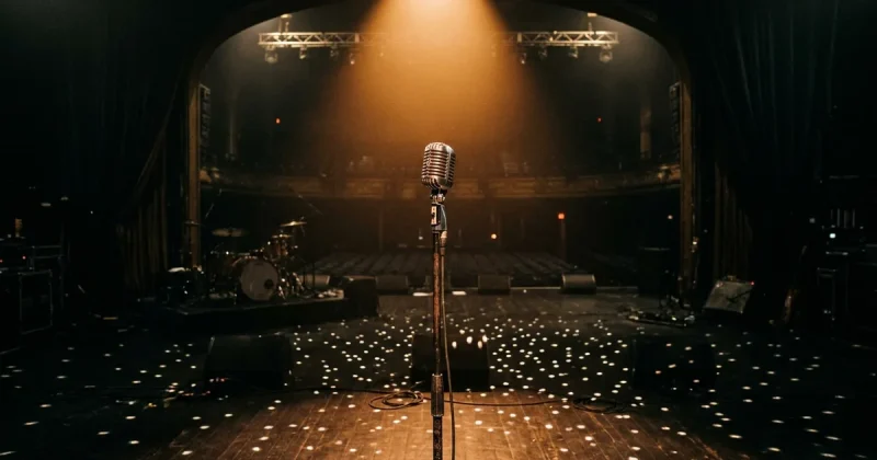 A vintage microphone on a darkened concert stage illuminated by a warm amber spotlight with disco ball light fragments scattered across the floor