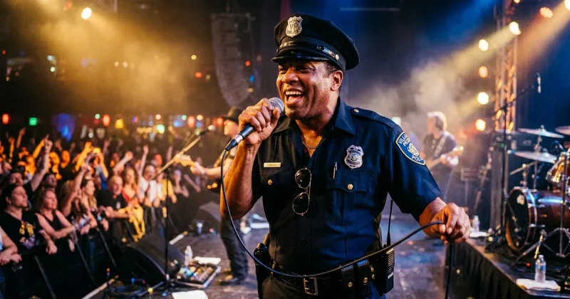 Victor Willis performing on stage in his iconic Village People police officer costume