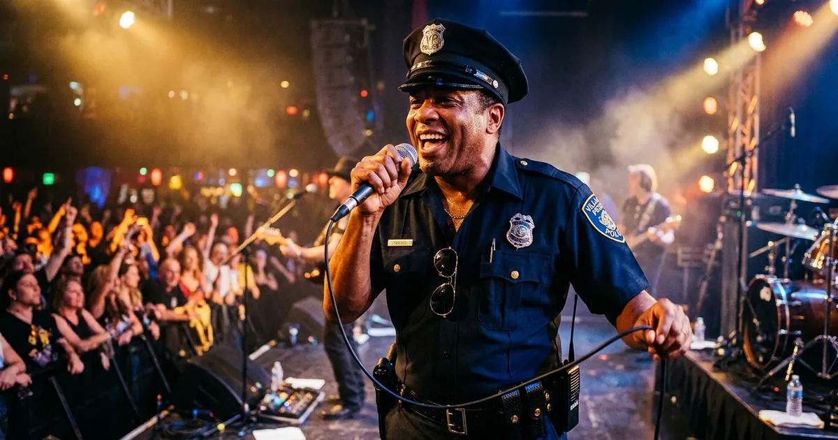 Victor Willis performing on stage in his iconic Village People police officer costume