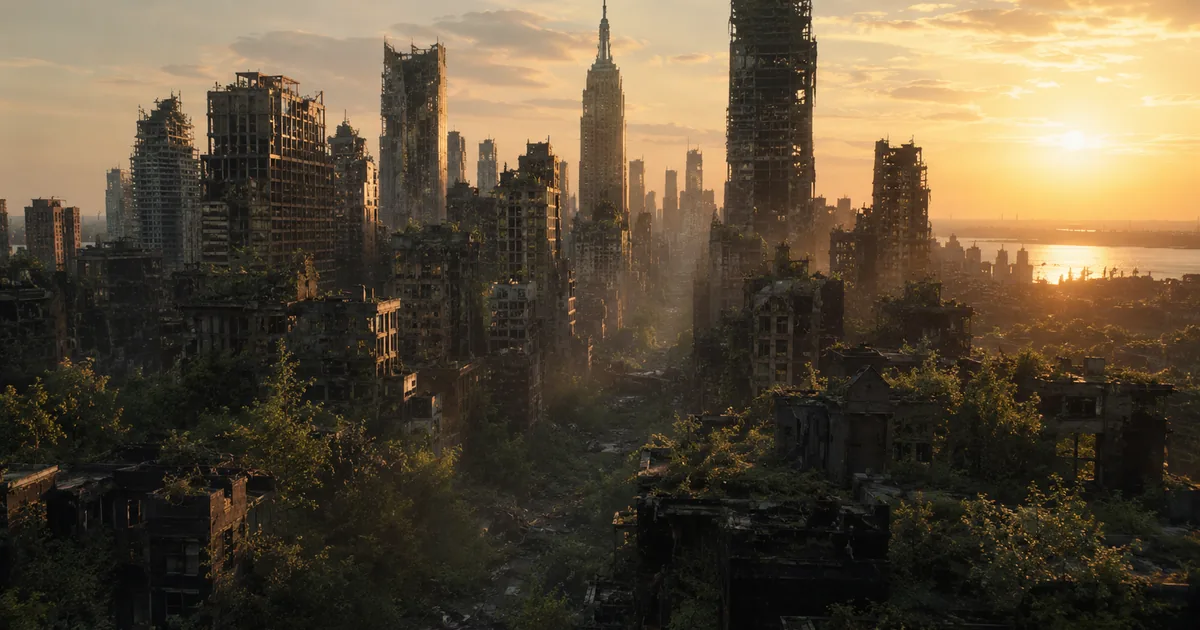 Post-apocalyptic Manhattan skyline at golden hour with crumbling overgrown skyscrapers