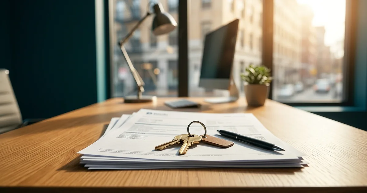 Apartment keys and a pen resting on a stack of income documents on a leasing desk, with sunlit city apartment buildings visible through the window