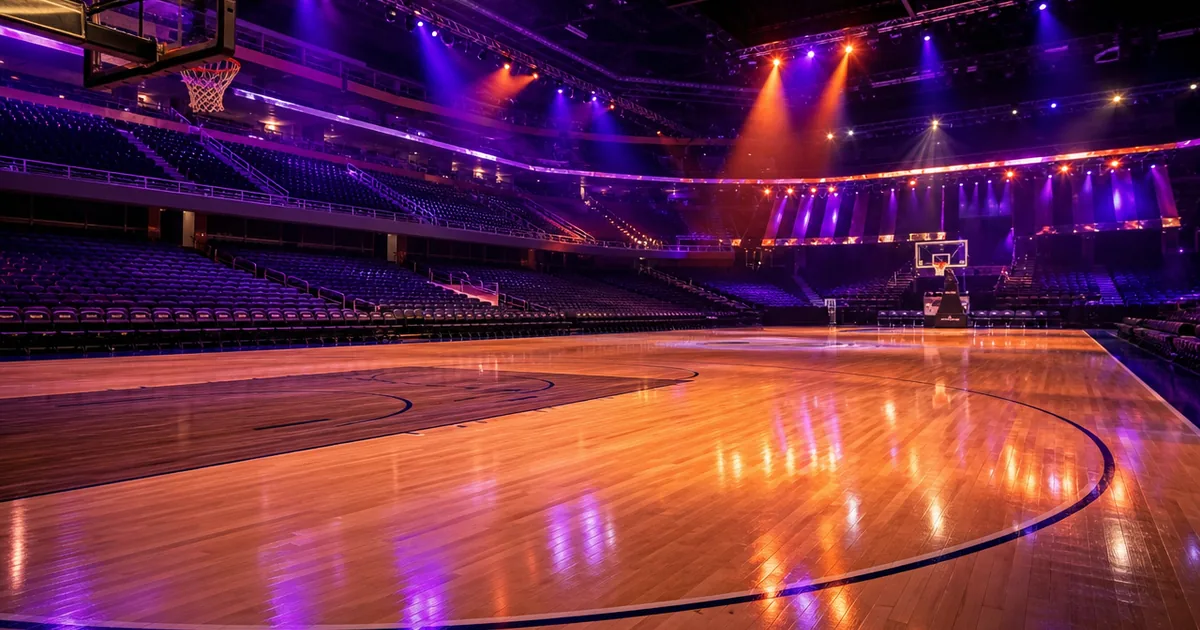 An empty professional basketball court with colorful stage lighting and the three-point arc line prominently visible