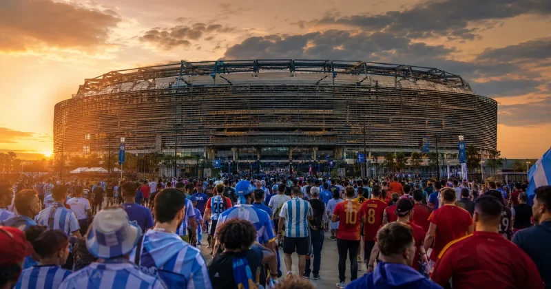 MetLife Stadium exterior at golden hour with crowds of Argentina and Spain soccer fans