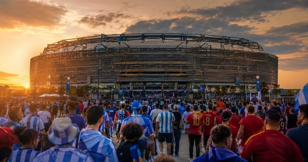 MetLife Stadium exterior at golden hour with crowds of Argentina and Spain soccer fans
