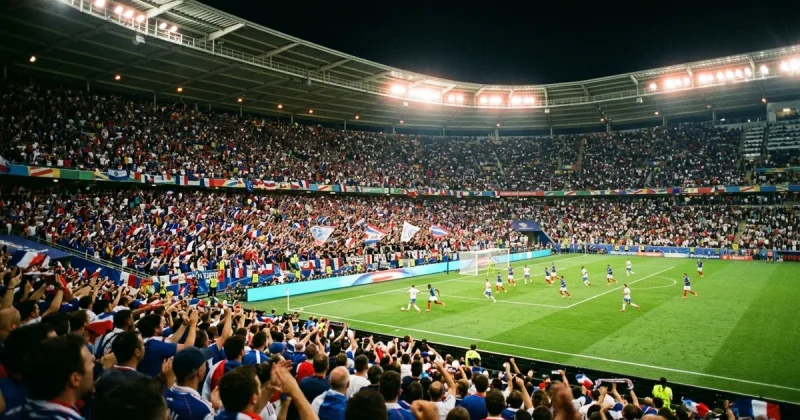 Packed football stadium at night during a World Cup quarterfinal match with international flags in the crowd