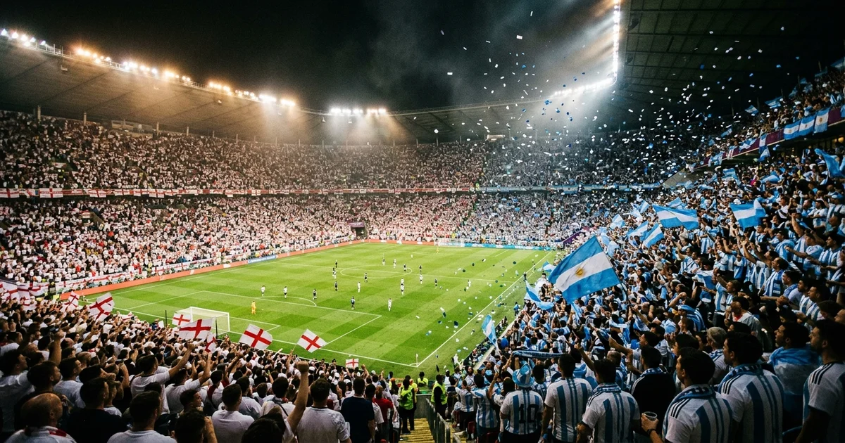 Packed World Cup stadium with England and Argentina supporters divided by confetti under floodlights