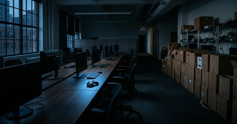 A dark empty game development studio office with powered-off monitors, an abandoned Xbox controller on a desk, and moving boxes stacked along the wall