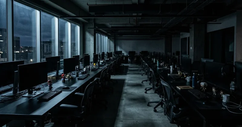Empty game development studio with deserted workstations and monitors turned off after mass layoffs