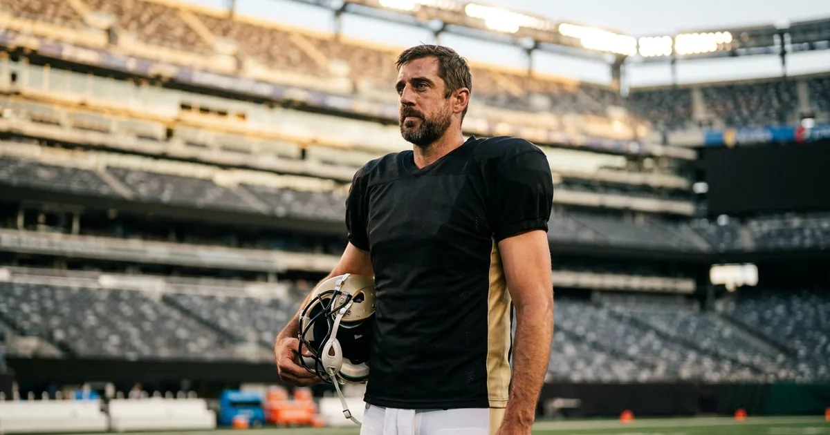 A bearded veteran quarterback in an unbranded black and gold jersey stands on the sideline of an empty stadium at dusk holding his helmet
