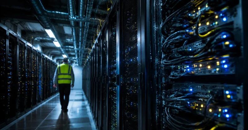 Rows of GPU server racks in a darkened AI data center hall