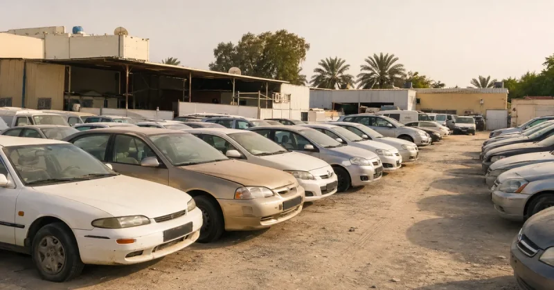 Rows of older sedans and hatchbacks parked on a dusty budget used car forecourt in the UAE