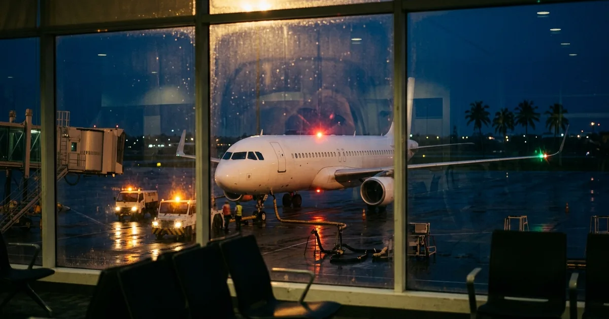 View through a rain-flecked terminal window of an unmarked white jet parked at a jet bridge at night, with amber-strobing ground vehicles beside its nose gear