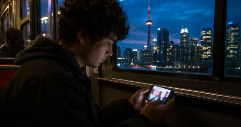 A young man on a Toronto streetcar at dusk watching a live television broadcast on his smartphone, CN Tower visible through the window