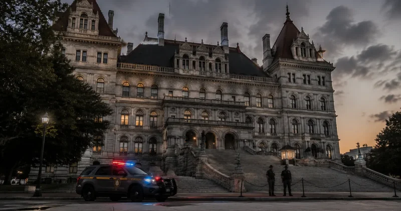 A New York State Police vehicle with flashing emergency lights parked at the base of the New York State Capitol's monumental east staircase at dusk, with two uniformed troopers standing near the entrance.
