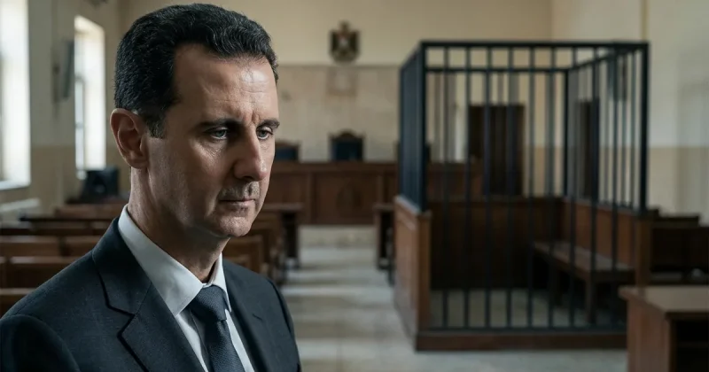 Bashar al-Assad in a dark suit at the left of an empty Syrian courtroom, a vacant metal defendant cage standing behind him