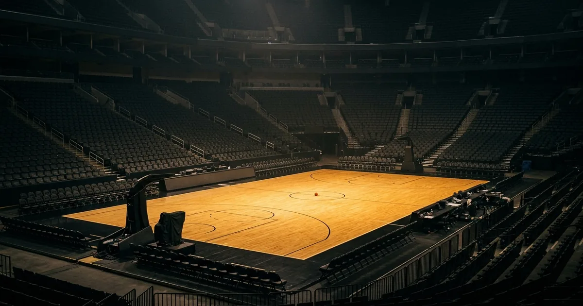 A lit hardwood basketball court with one ball near the center circle, surrounded by thousands of empty darkened arena seats