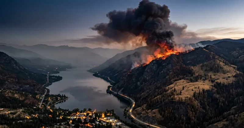 A towering orange-lit smoke column rises from a burning mountain ridge above a narrow lake at dusk, with a small lakeside town lit below