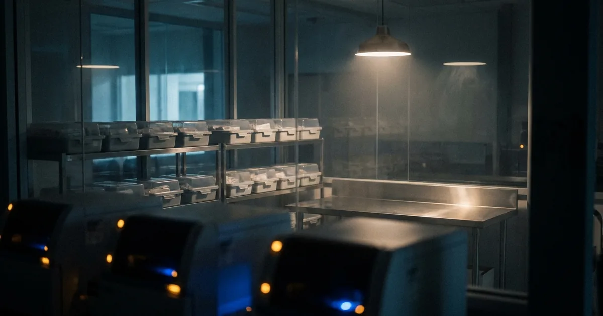 A darkened clinical genomics lab at night with sequencing machines showing amber and blue indicator lights and an empty stainless steel bench under a single lamp