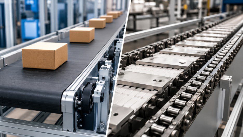 Belt conveyor carrying packaged boxes beside a chain conveyor moving metal plates in a factory