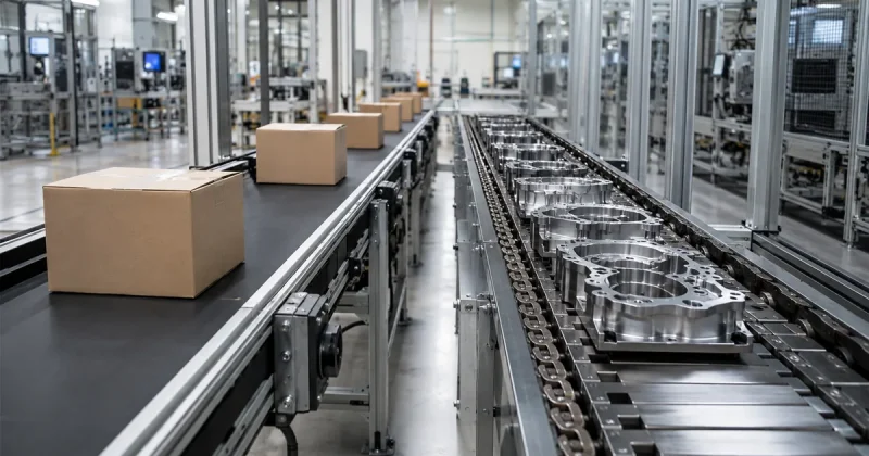 A belt conveyor carrying cardboard boxes runs alongside a steel chain conveyor carrying machined metal parts
