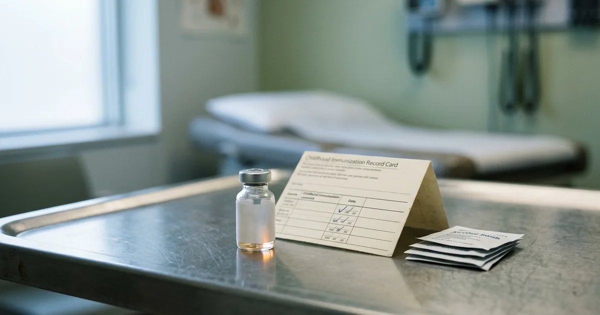 A small glass vaccine vial stands beside a folded paper childhood immunization record card and alcohol swabs on a stainless steel clinic counter