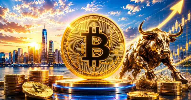 Gold Bitcoin coin beside a charging bull and a rising chart, illustrating a crypto bull market