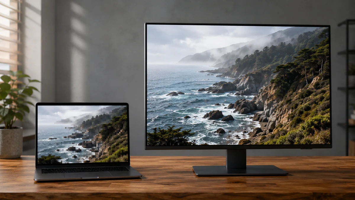 A laptop showing a coastal photo as a small pixelated copy beside a monitor showing the same photo sharp at full size