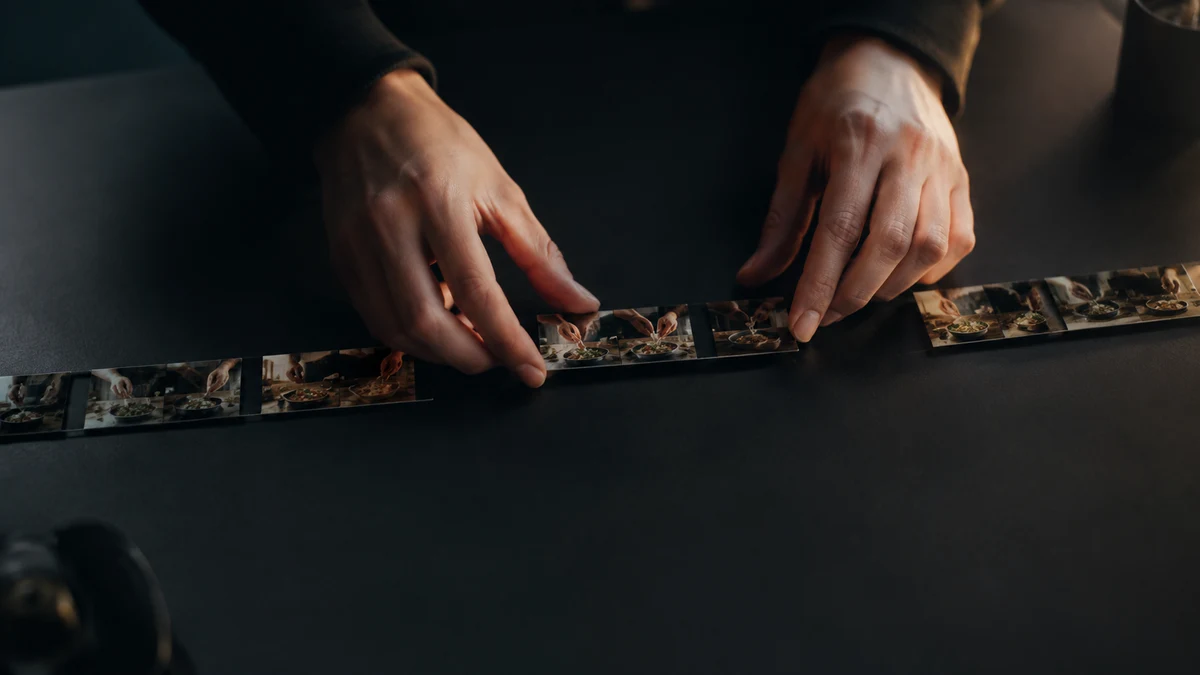 Hands sliding separated strips of video frames back together into a single continuous strip