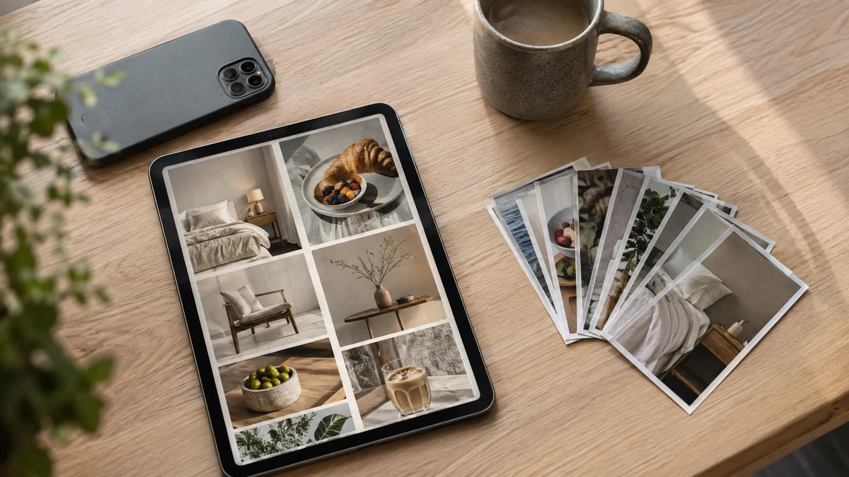 A tablet showing a grid of pinned photographs next to a fanned stack of printed photo cards on a desk