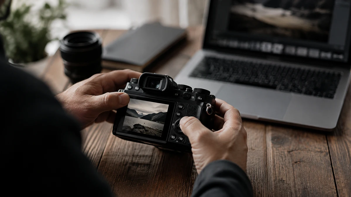 A photographer's hands holding a mirrorless camera reviewing a landscape shot on the rear screen