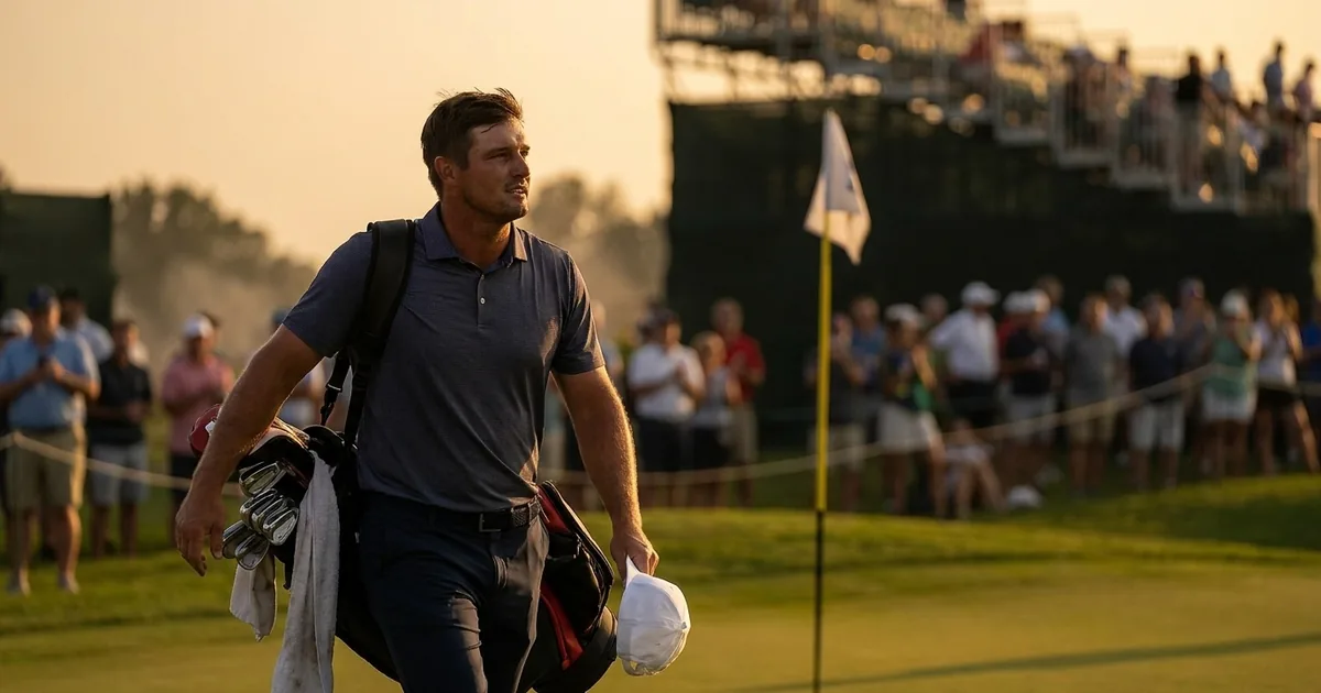 Bryson DeChambeau walking off the eighteenth green at dusk with a golf bag on his shoulder, a blurred gallery and flagstick behind him