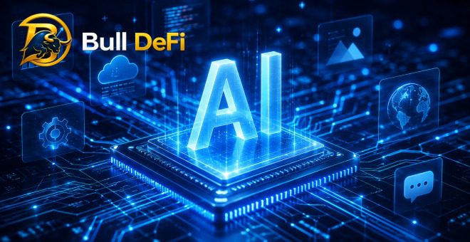 Bull DeFi logo beside an AI processor chip on a circuit board