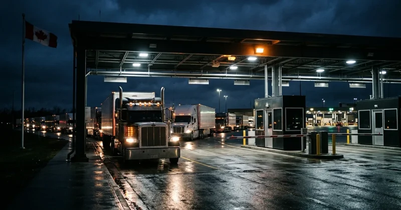 A line of stationary transport trucks waits under the lit canopy of a commercial border inspection plaza at night, barrier arms down and booths empty, with a Canadian flag on a pole at the left