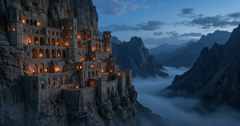 A vast stone fortress built into a sheer mountain cliff at blue hour, its arched windows glowing with torchlight above a valley filled with fog