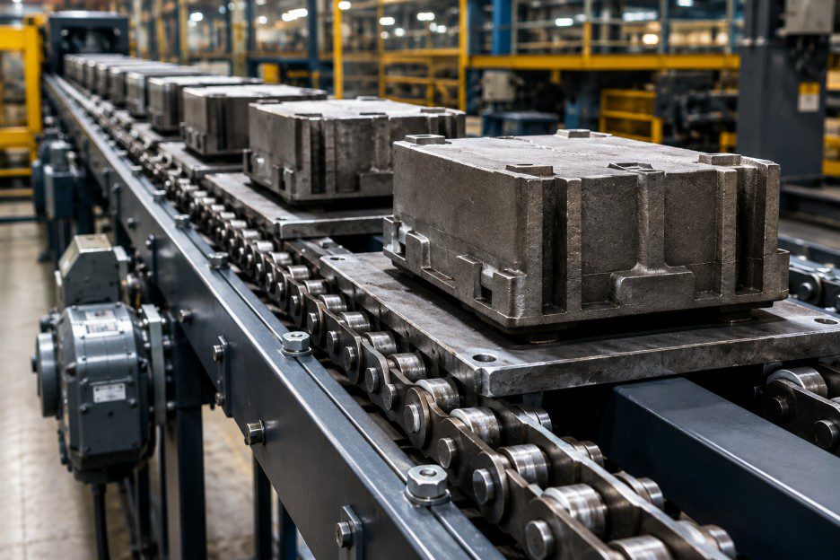 Heavy metal castings moving along a chain conveyor inside an industrial plant