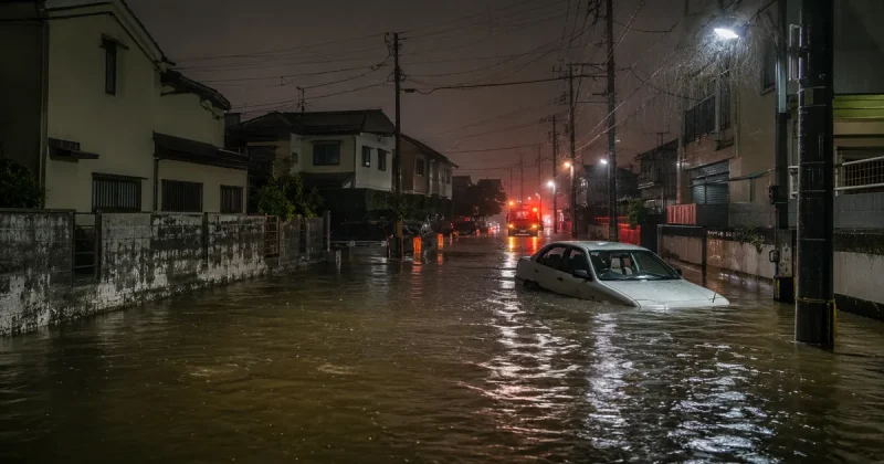 A white sedan submerged to its windows in brown floodwater on a residential street in Japan at night, with emergency vehicle lights glowing in the distance