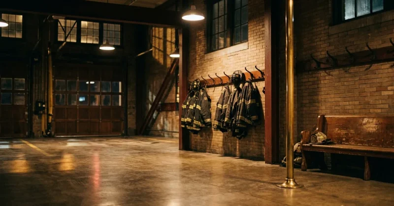 Firefighter turnout coats and helmets hanging on wall hooks in an empty brick fire station bay lit warmly at night, with a brass pole and wooden bench