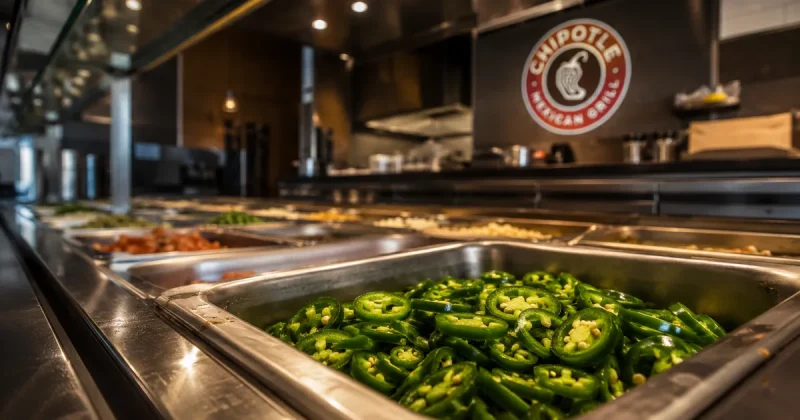 Sliced green jalapeno peppers in a stainless steel insert on a restaurant serving line, with a Chipotle Mexican Grill logo on the wall behind it