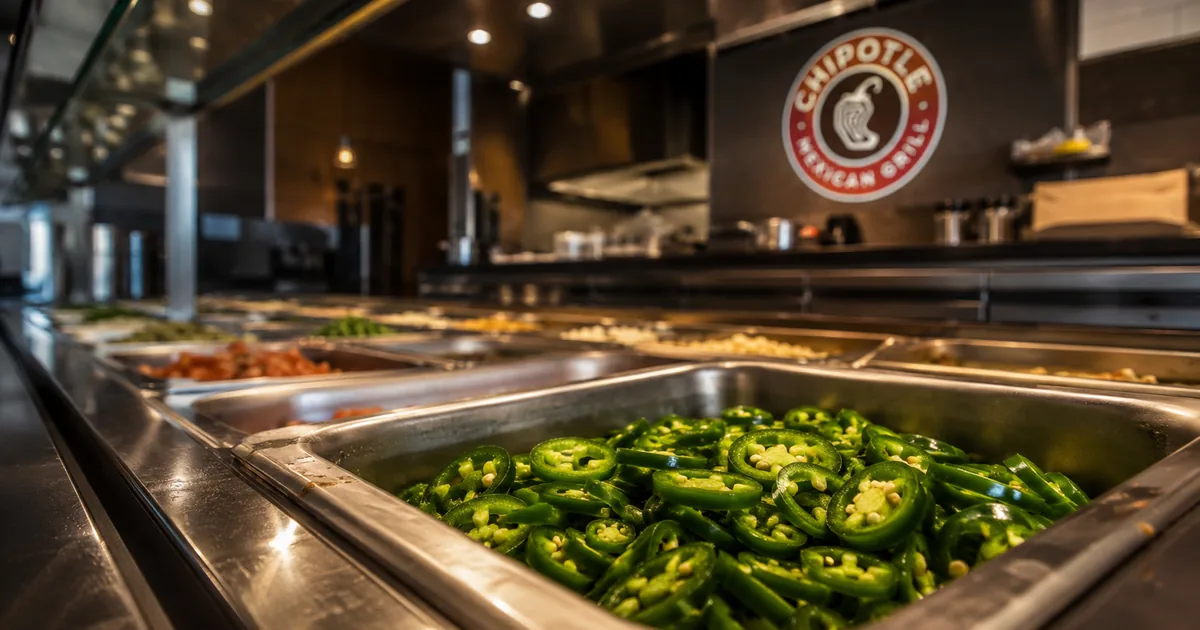 Sliced green jalapeno peppers in a stainless steel insert on a restaurant serving line, with a Chipotle Mexican Grill logo on the wall behind it